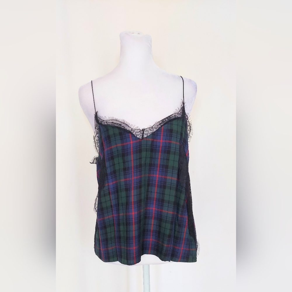 Zara Trafaluc Collection Lace Trim Plaid Cami Green Black Size Medium